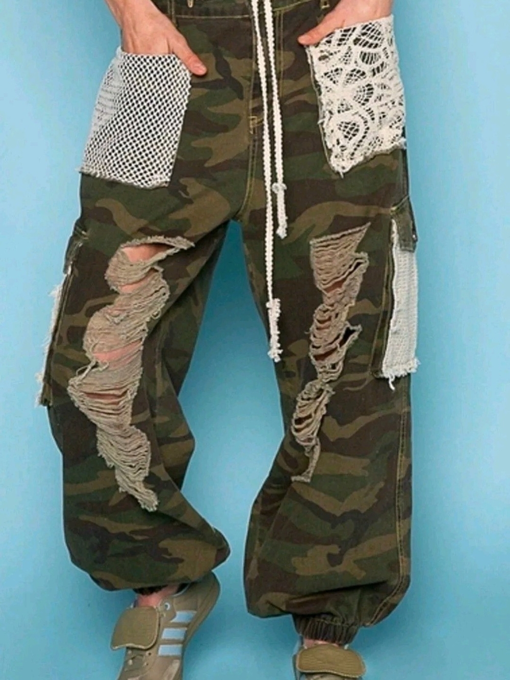 POL Camo Vintage Wash Crochet Patches Distress Jogger Pants